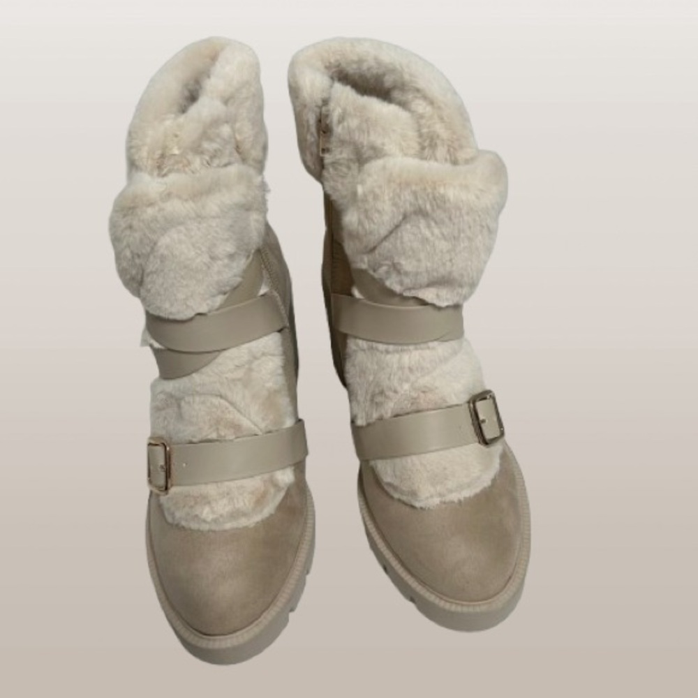 INC International Concepts Women’s Bernie Buckled Faux Fur-Lined Bootie Nude 10M